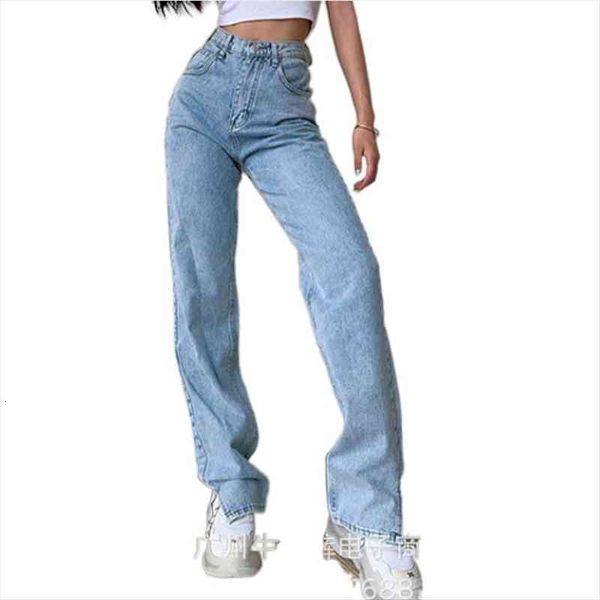 

high waist loose cotton women jeans comfortable fashion casual straight leg baggy pants mom washed boyfriend, Blue