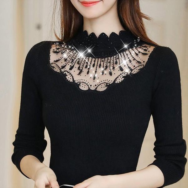 

autumn and winter women sweater womens clothing slim fit turtleneck pullover bottoming lace stitching long sleeve, White;black
