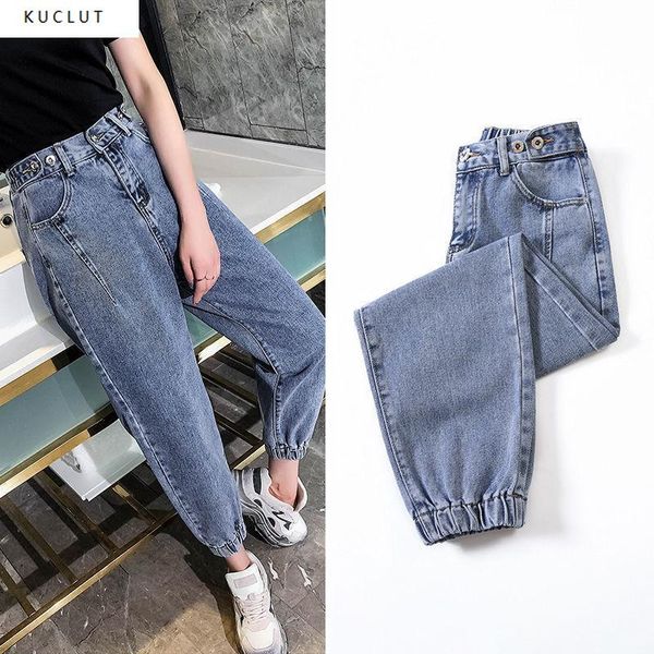 

women's jeans liberjog woman casual loose harem denim pants mid waist wide leg ankle length vintage spring autumn cotton, Blue