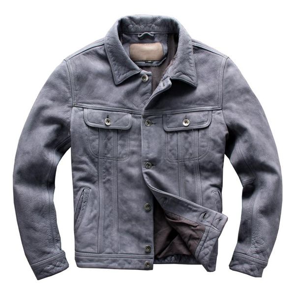 

men's leather & faux genuine jacket gray cow lether jackets casual single breasted coat for male, Black