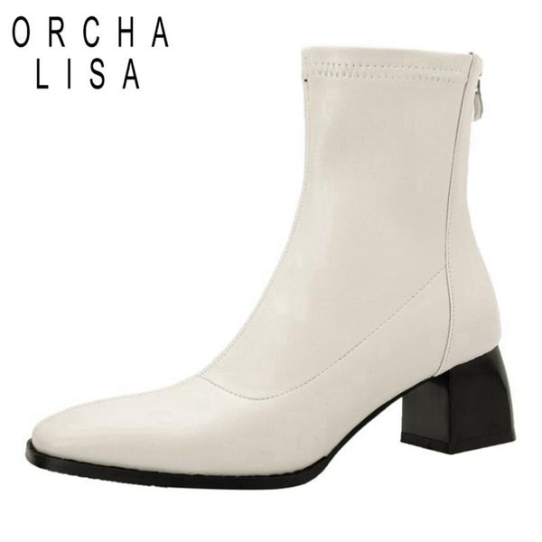 

boots orchalisa 2021 designer brand ankle for women stretchy sock bootie zip round toe square low heel black white 43 s2426