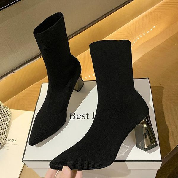 

boots 2021 women stretch sock fetish stripper short ankle lady winter block heels low .5cm high slip on shoes, Black