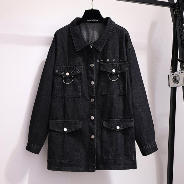 

women's jackets xxl/3xl/4xl eyelet decor autumn winter women loose denim jacket plus size long sleeve single-breated windbreaker coat b, Black;brown