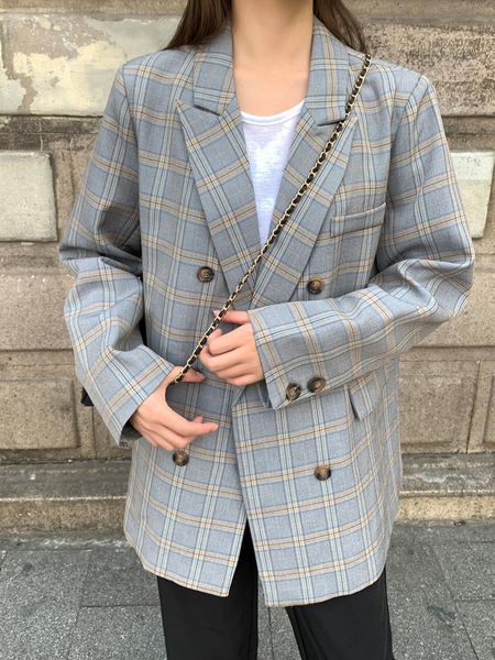 

women's suits & blazers [ewq] 2021 spring female elegante casual notched collar long sleeve double breasted loose panelled blue plaid b, White;black