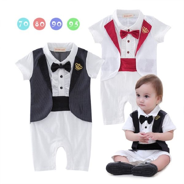 Smoking Kostüme für Baby Junge Strampler Sommer Hübsche Fliege Krone Mode Jungen Shortalls Neugeborene Overalls Weste Tails Kleidung 210413