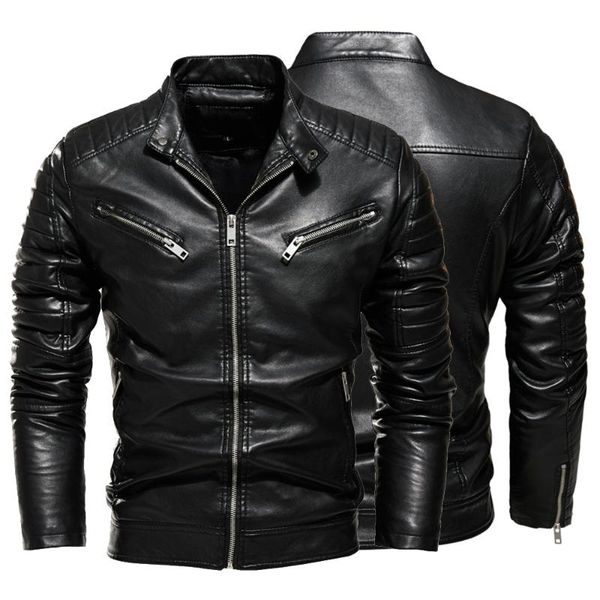 

winter black leather jacket men fur lined warm motorcycle slim street fashion biker coat pleated design zipper men's & faux