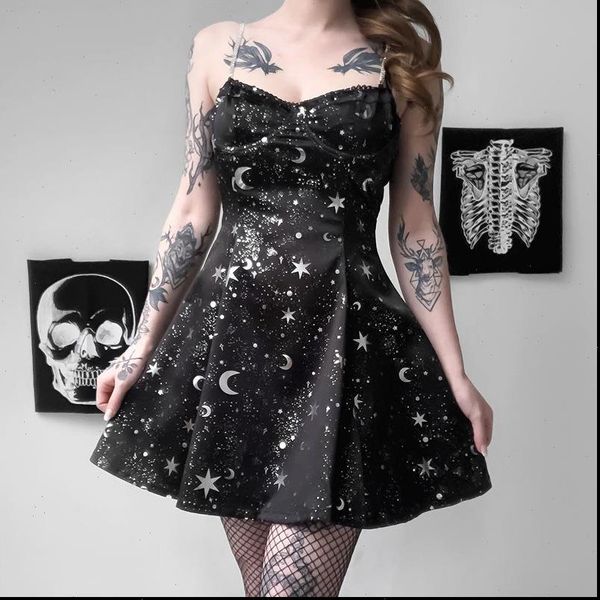 

star moon print gothic chain women dress strap mini black punk v neck casual summer dresses elegant clothes univers, Black;gray