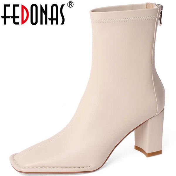 

square toe women's leather winter boots for girls genuine high heels shoes woman working party ankle 210528, Black