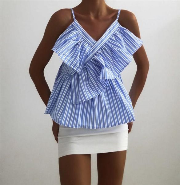 

women's blouses & shirts ruffle v neck fashion women sleeveless spaghetti strap stripe casual ruffled beach vest, White