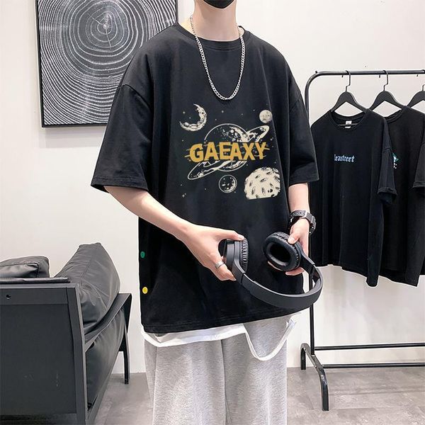 

men's t-shirts hybskr button planet printing short sleeve tshirt loose casual hip hop fashion couple streetwear harajuku baggy male, White;black
