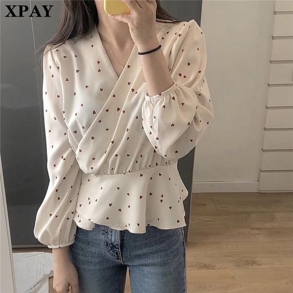 

women's blouses & shirts womens and plus size spring summer heart shape blouse ladies v-neck long sleeve streetwear camisas mujer, White