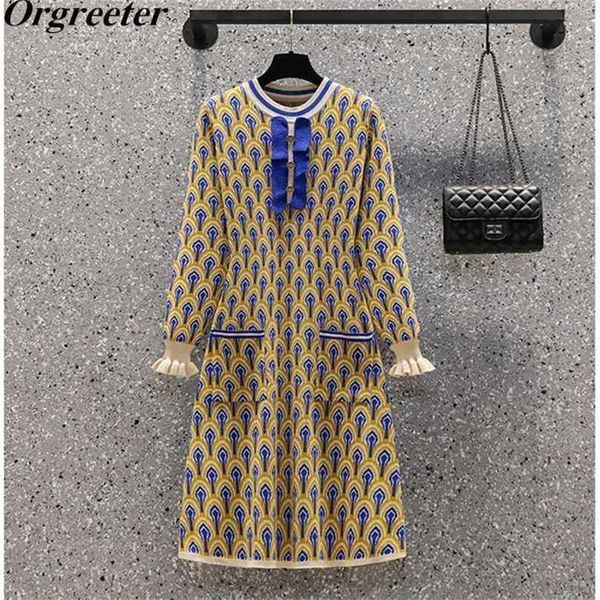 

long petal sleeve knitting dres fall fashion retro pattern ruffles patchwork pocket loose elegant ol sweater 211109, Black;gray