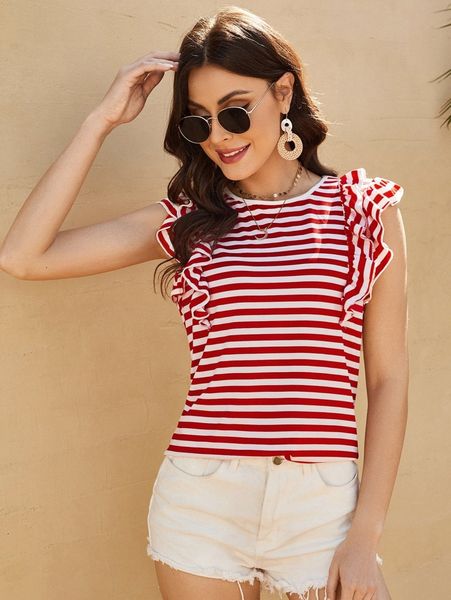 

striped print ruffle trim tee v8kh#, White