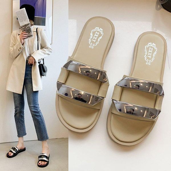 

slippers for women's outer wear 2021 summer korean version of the wild net red pure color tide open toe casual flat sandals, Black