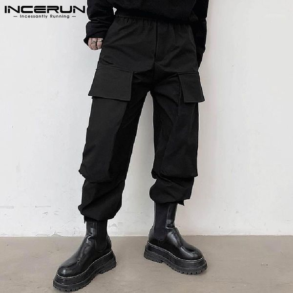 

fashion men cargo pants solid color joggers 2021 pockets streetwear drawstring trousers workout loose casual incerun men's, Black