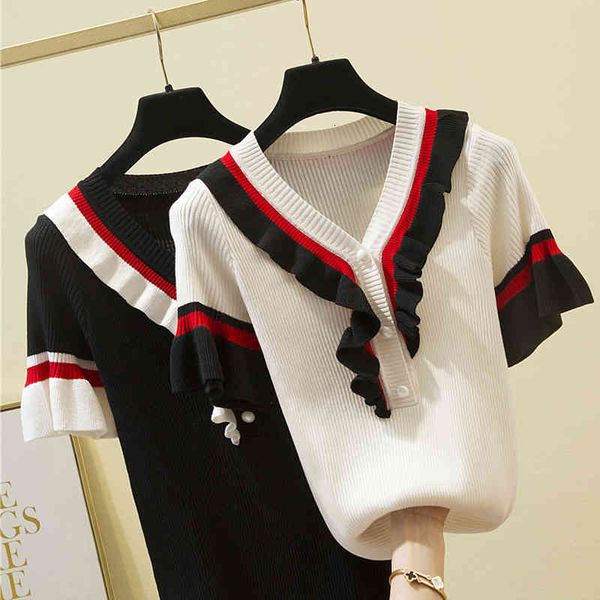 

women's t-shirt shintimes korean fashion clothing kawaii woman tshirts summer knitted t women short sleeve ruffles tee femme jepr, White