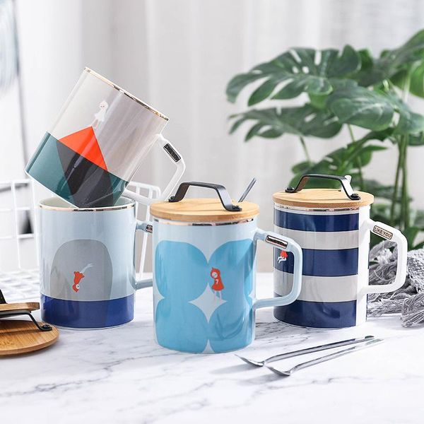 

mugs northern style creative wood cover portable cup fashion navy wind with spoon ceramic handle mug wedding gift