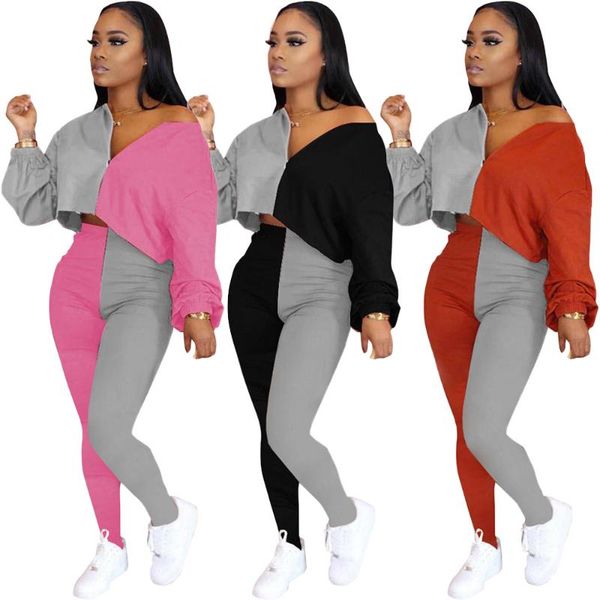 

women's tracksuits european and american fashion wear autumn winter color block splicing set long sleeve pants two piece, Gray