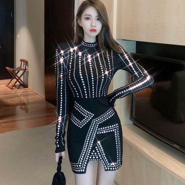 

dress celebrity long sleeve beading bandage women 2021 spring ladies sheath bodycon party robe femme gt8h, Black;gray