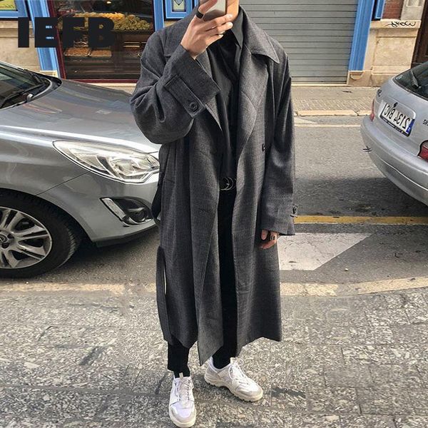 

men's trench coats iefb autumn 2021 korean casual windbreaker cool over the knee trend boyfriend medium loose length plaid 9y8470, Tan;black