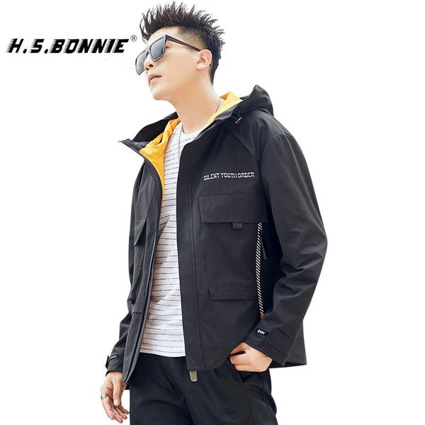 

men's jackets men casual jacket 2021 autumn zipper with hat outerwear hiphop windbreaker coat solid color fashion male streetwear cloth, Black;brown