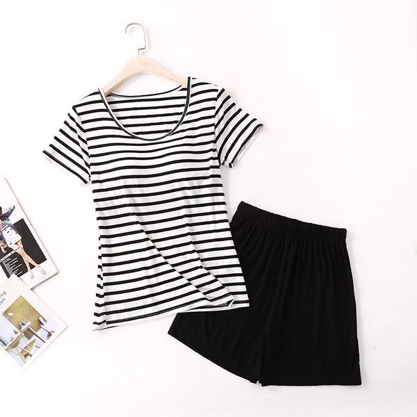 

women's sleepwear modal ladies chest padded sleepwear short sleeve shorts set fashion striped girl's pajamas cotton nightwear pija, Black;red