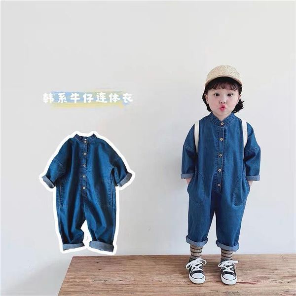 

jeans 2021 autumn children denim jumpsuits korean style chic baby boys girls overalls soft loose trousers kids clothes, Blue