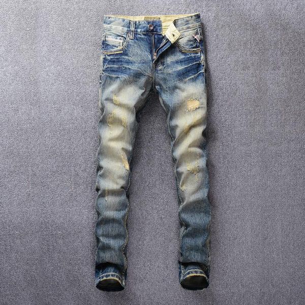 

men's jeans fashion streetwear men slim fit destroyed ripped for vintage design patch embroidery classical denim pants, Blue