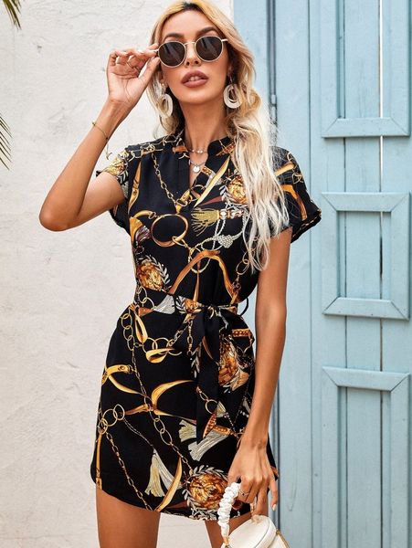 

notch neck chain print dress g88w#, Black;gray