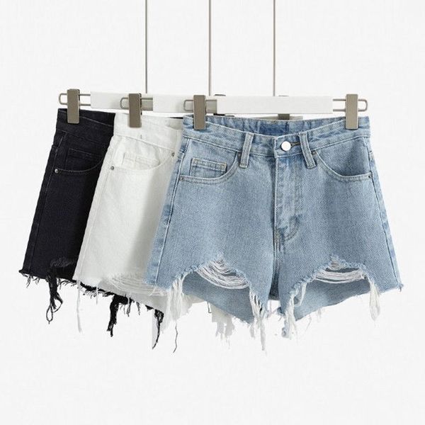 

fashion solid ripped denim womens shorts summer casual high waist korean jean loose wide leg, White;black