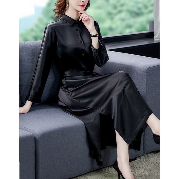 

autumn women satin party long sleeve vintage elegant silk shiny office lady dress plus size 4xl 210415, Black;gray