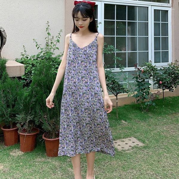 

women floral slim retro v-neck oil painting sling dress one color flowers thin stylish clothes -2xl sweet matching natural casual dresses, Black;gray