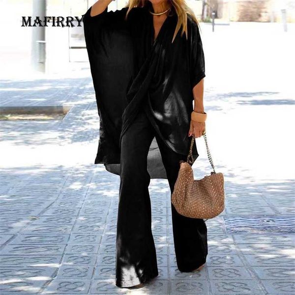 

loose batwing sleeve women solid two piece set scarf collar blouse+wide leg pants matching suit lady autumn cotton linen 2pc 211105, White