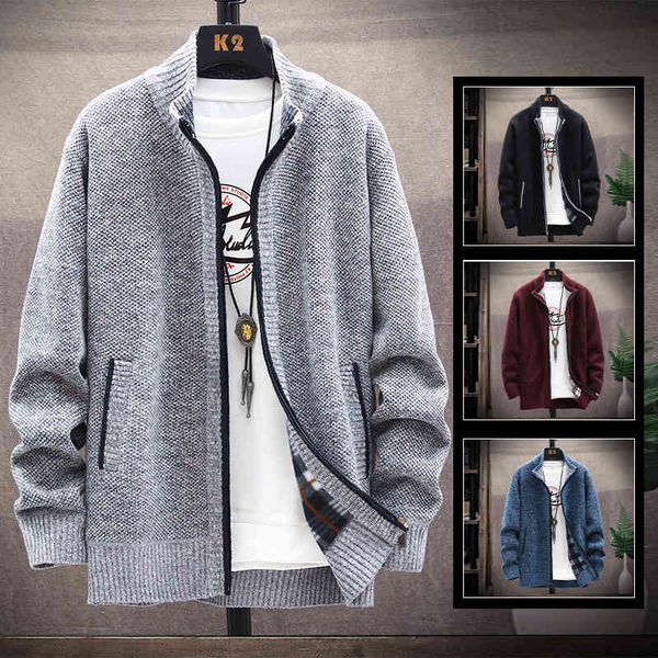 

men's sweater solid color zipper cardigan autumn/winter fce catch thick warm collar et artificial fur wool coat, Black;white