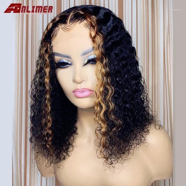 

deep wave bob lace front wigs highlight 13x4 human hair malaysian brown curly short hair1, Black;brown