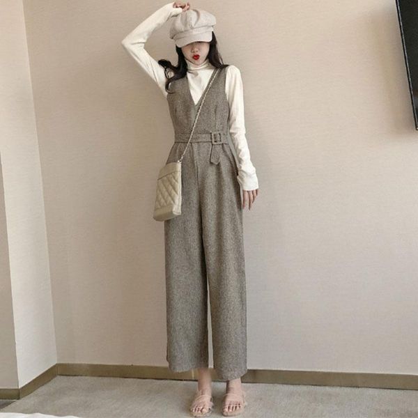 

women's pants & capris jumpsuits for women 2021 autumn winter fashion loose wool elegant high waist casual wide leg pantalon large femm, Black;white