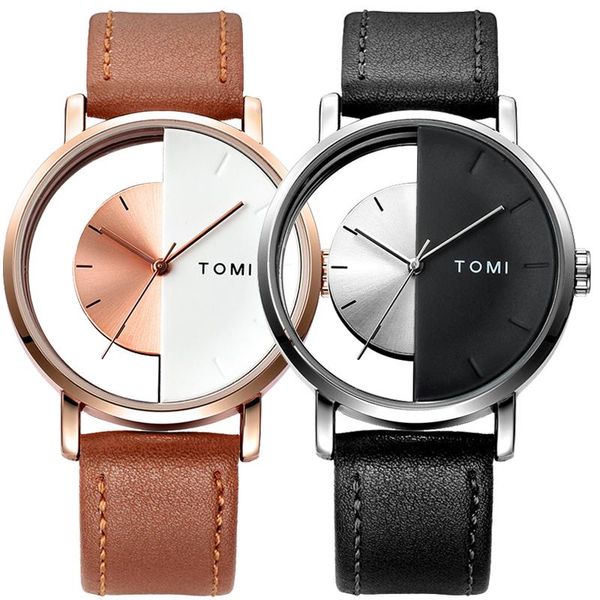 

wristwatches couple watch creative half transparent watches for men women lovers minimalist leather wristwatch fashion quartz reloj, Slivery;brown