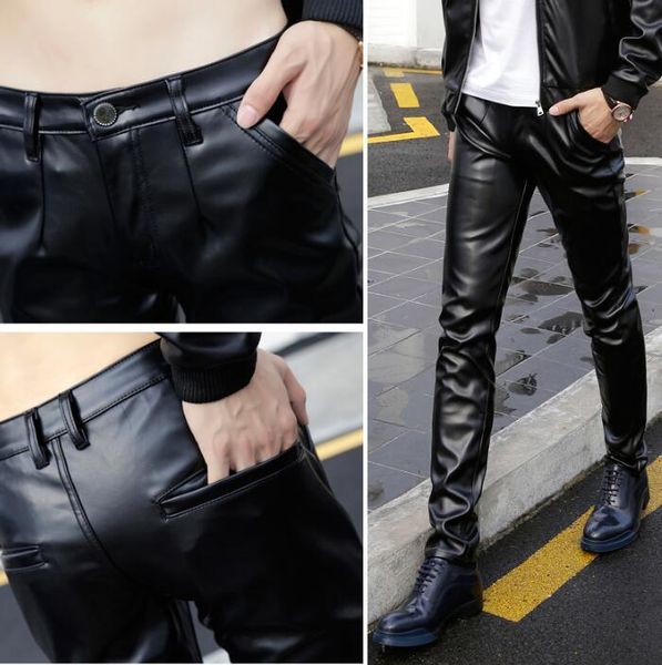 

men's pants winter casual personality fashion motorcycle faux leather mens feet pu trousers for men pantalon homme warm black