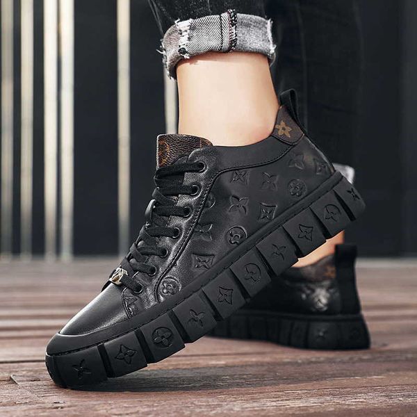

men's sho men's casual leather heightening board printing small black tide winter