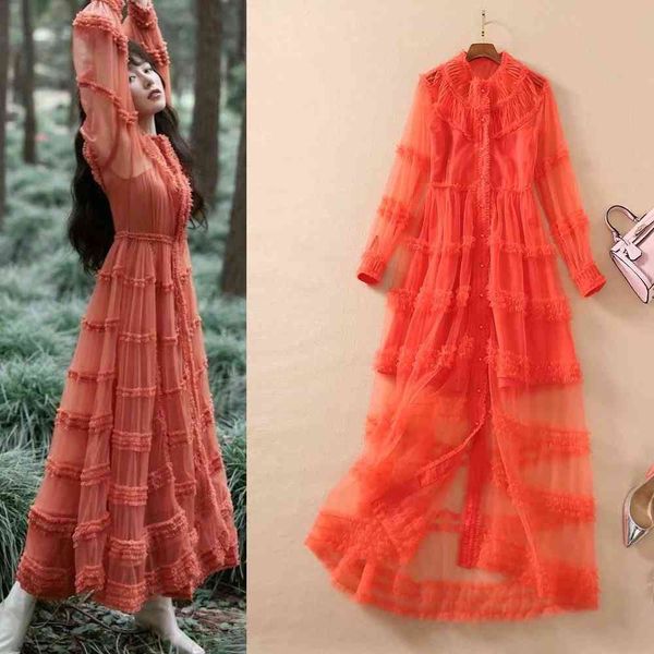 

runway dresses australia spring and summer high-quality wooden ear stitching see-through mesh lantern sleeve dress 1p4z, Black