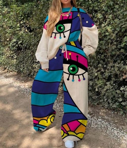 

women's two piece pants casual round neck loose print sweater suit, White