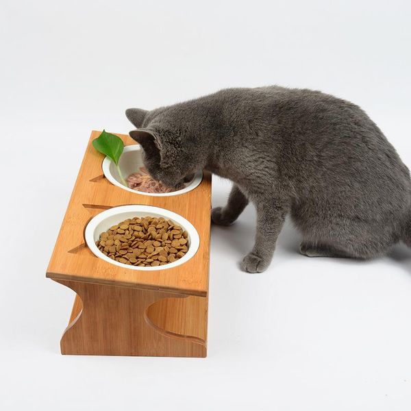 

height protection pet cat bowl dog ceramic double oblique solid wood dining table simple atmosphere supplies bowls & feeders