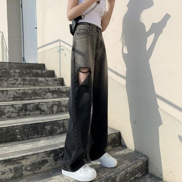 

women's jeans 2021 summer street style ripped high waist slimming simple hip-hop casual loose women wide leg pants, Blue