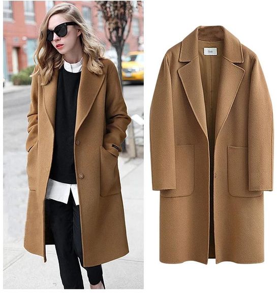 

women's wool & blends autumn winter woolen jacket black camel plus size 5xl loose big pocket warm long coat solid casual female overcoa