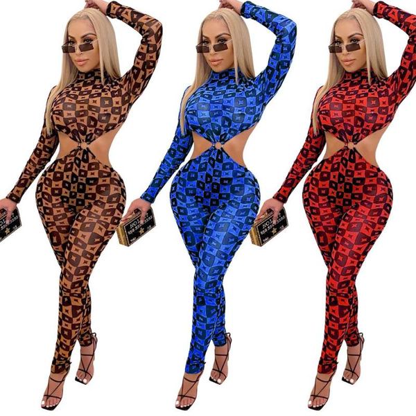 

fall women geometric print hollow out long sleeve bodycon jumpsuit club party overalls outfits women's jumpsuits & rompers, Black;white