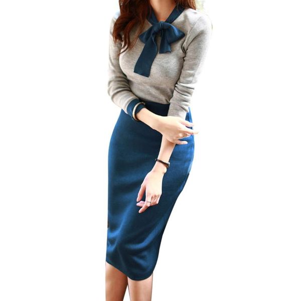 

dress suit bow long sleeves tight waist bag hips 2021 europe and the united states mid-length clothes casual dresses, Black;gray