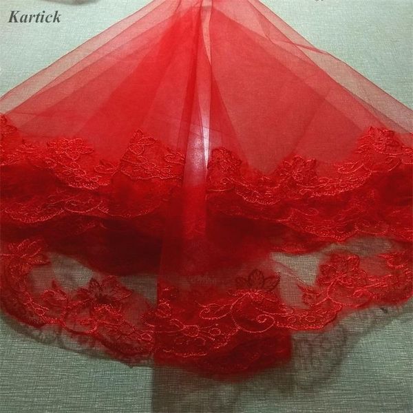 

bridal veils 2021 short wedding with comb white/ivory/red two layers bride lace edge princess mariage accessories, Black