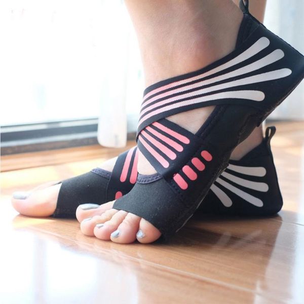 

sports socks professional yoga sock anti-slip fitness dance pilates five toe backless ballet ladies, Black