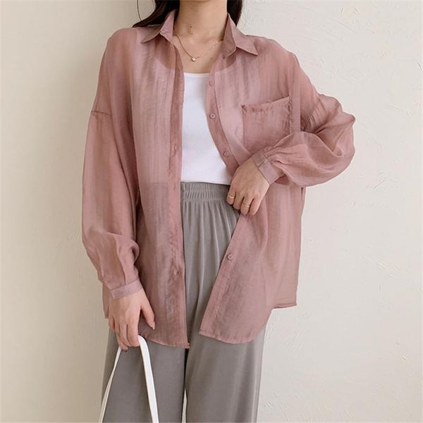 

summer female shirt women sunscreen blouse pocket solid turn-down collar casual loose full sleeve thin leisure women's blouses & shirt, White