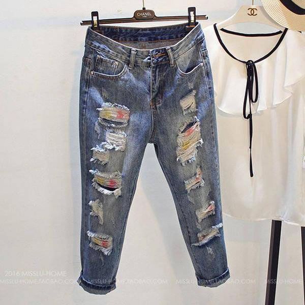 

zoki hole women jeans high wait autumn fashion bf loose ankle-length denim pants casual streetwear harem girl jean 2021 women's, Blue